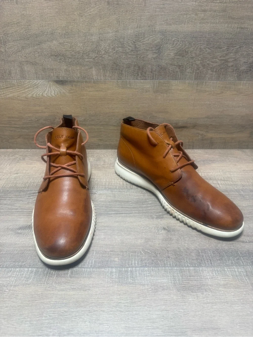 Cole Haan Tan Brown Leather Chukka Boots with White Sole